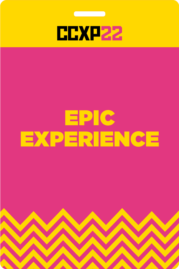 Na imagem, uma das credenciais da CCXP22 para Epic Experience! Ela é rosa com detalhes em amarelo, como listras triangulares.