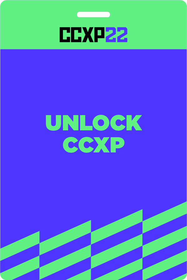 Na imagem, uma das credenciais da CCXP22 para Unlock Experience! Ela é azul com detalhes em verde, como listras lineares crescentes.